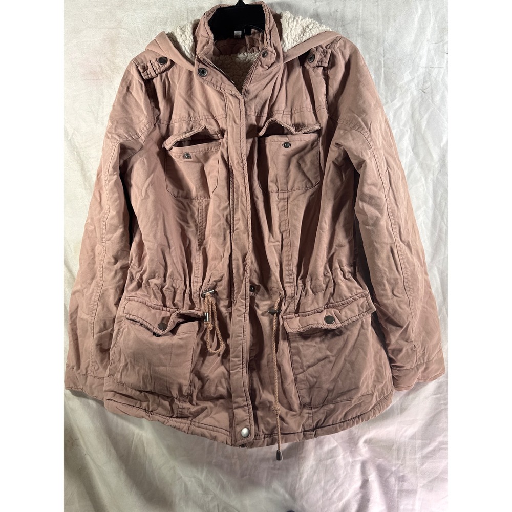 Rue21 Womens Dusty Rose Pink Sherpa Lined Hooded Utility Jacket Coat Large L